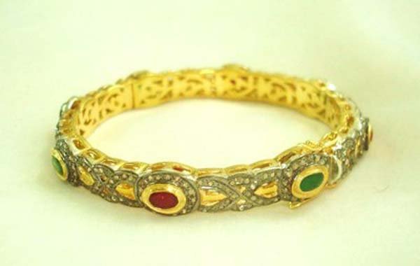polki bracelet 9.28 Tcw Ruby/emerald Rose Cut Diamond 925 Sterling Silver antique vintage jewelry