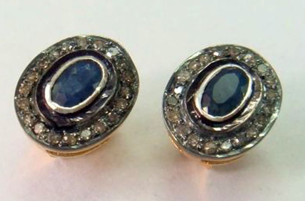 vintage earrings 1.6 Tcw Blue Sapphire Rose Cut Diamond 925 Sterling Silver antique jewelry
