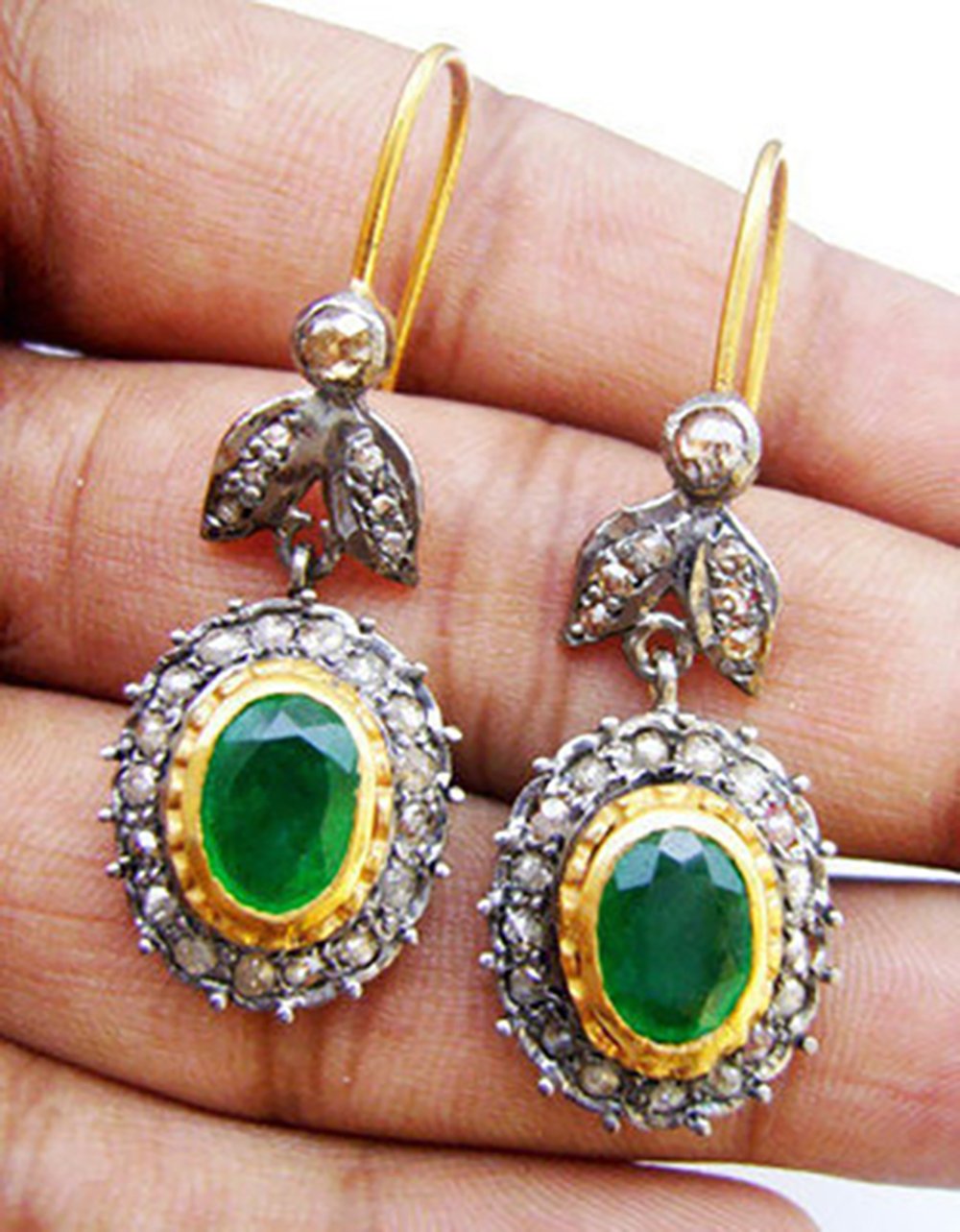 antique earrings 4.4 Tcw Emerald Rose Cut Diamond 925 Sterling Silver antique vintage jewelry