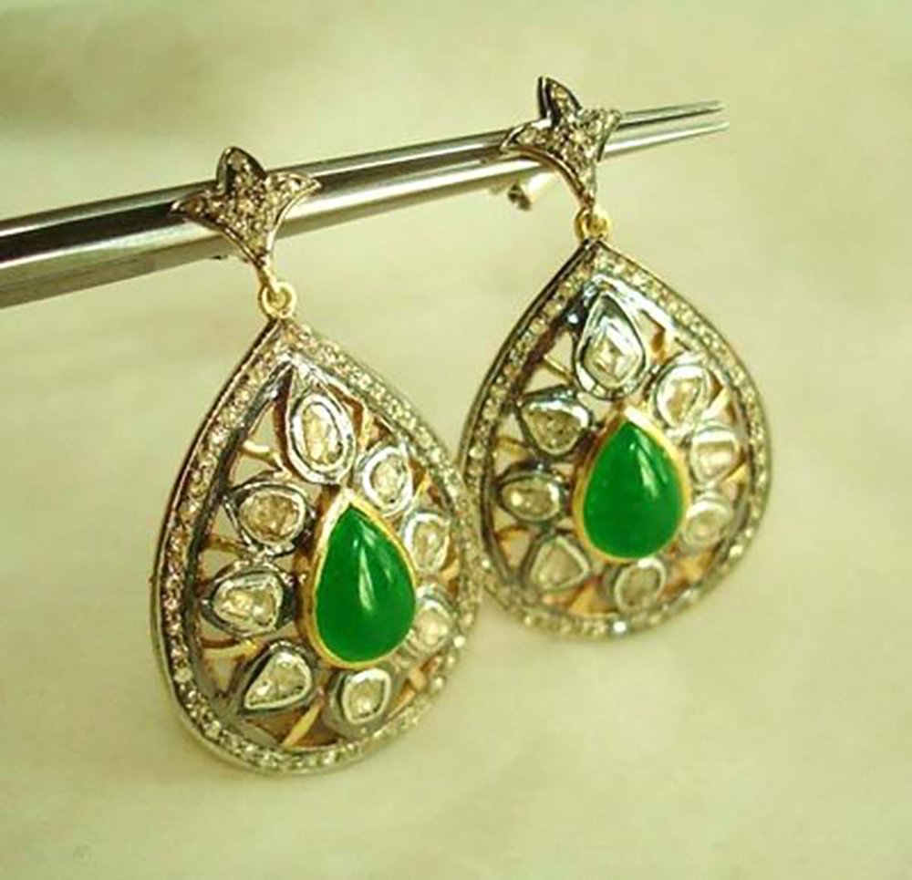 vintage earrings 4.6 Tcw Emerald Rose Cut Diamond 925 Sterling Silver art deco jewelry