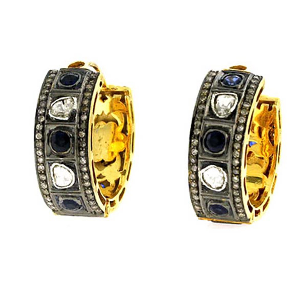 antique earrings 5.3 Tcw Blue Sapphire Rose Cut Diamond 925 Sterling Silver antique vintage jewelry
