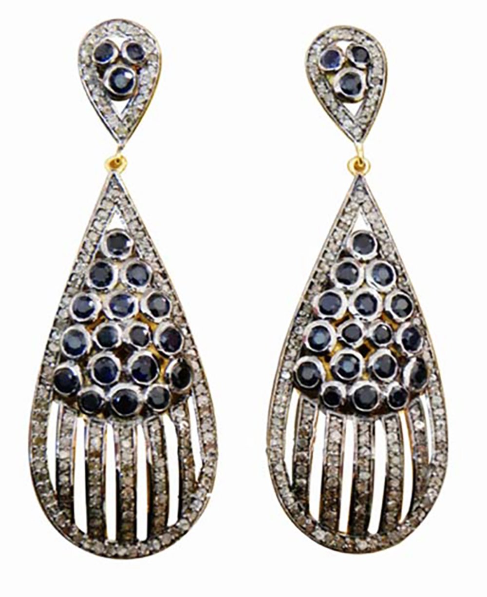 victorian earrings 8.15 Tcw Blue Sapphire Rose Cut Diamond 925 Sterling Silver vintage jewelry