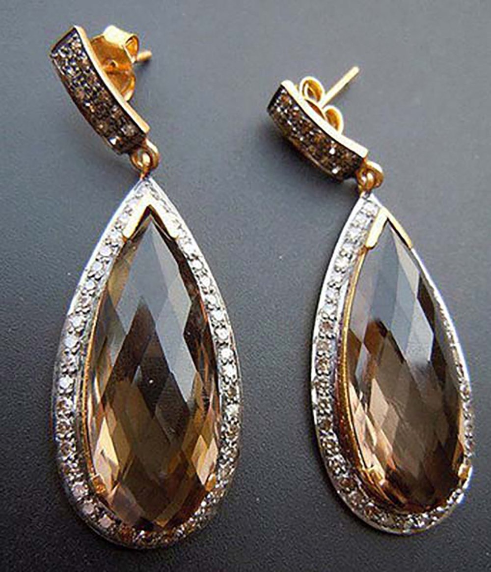 polki earrings 6.6 Tcw Smokey Quotes Rose Cut Diamond 925 Sterling Silver vintage art deco jewelry