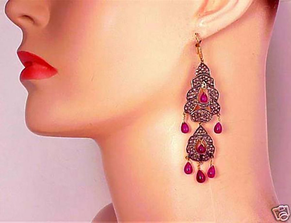 polki earrings 6.15 Tcw Ruby Rose Cut Diamond 925 Sterling Silver vintage art deco jewelry