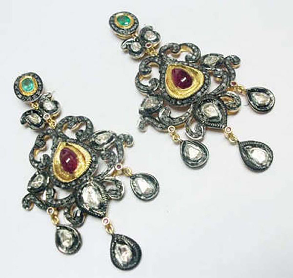 polki earrings 5.95 Tcw Emerald, Ruby Rose Cut Diamond 925 Sterling Silver fine antique jewelry
