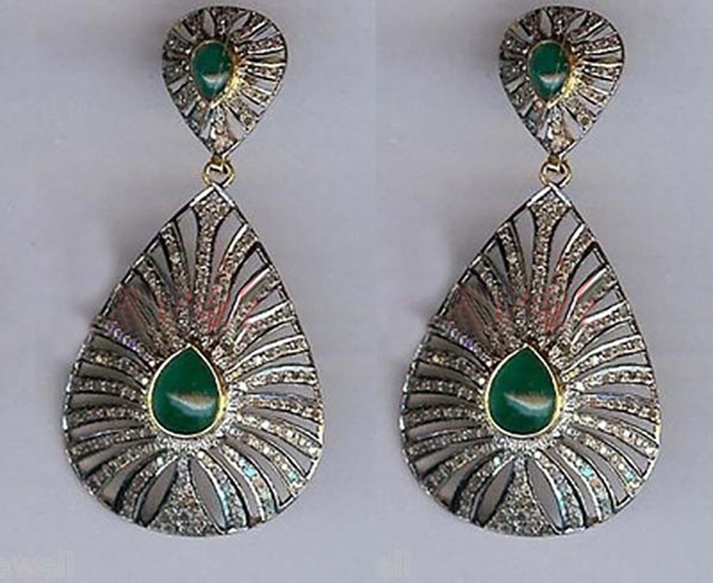 polki earrings 6 Tcw Emerald Rose Cut Diamond 925 Sterling Silver vintage jewelry