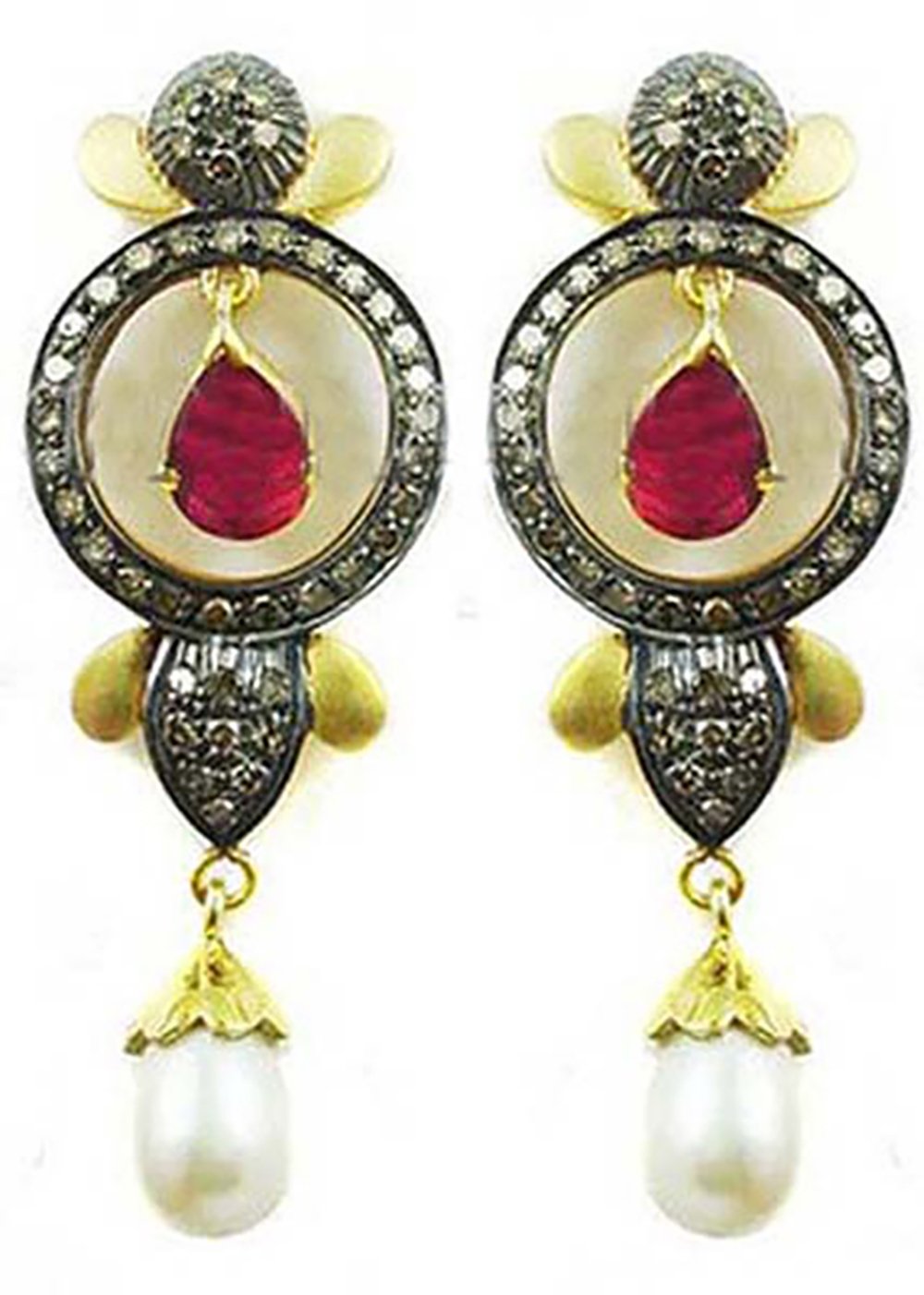 polki earrings 5.65 Tcw Ruby, Pearl Rose Cut Diamond 925 Sterling Silver vintage art deco jewelry