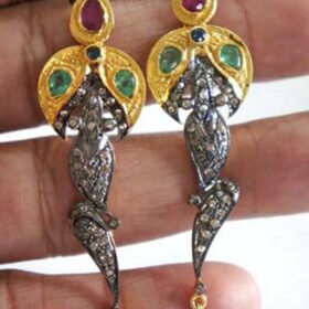 uncut earrings 3.6 Tcw Emerald, Ruby Rose Cut Diamond 925 Sterling Silver vintage diamond jewelry