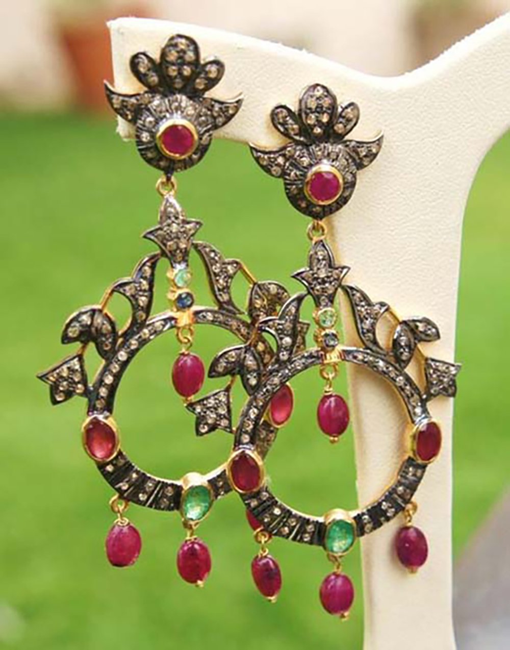 vintage earrings 5.8 Tcw Emerald, Ruby Rose Cut Diamond 925 Sterling Silver antique jewelry