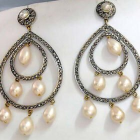 victorian earrings 10 Tcw Pearl Rose Cut Diamond 925 Sterling Silver vintage jewelry