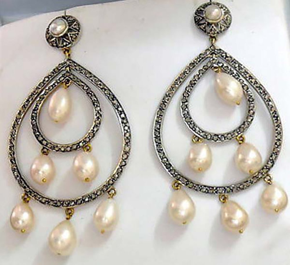 victorian earrings 10 Tcw Pearl Rose Cut Diamond 925 Sterling Silver vintage jewelry