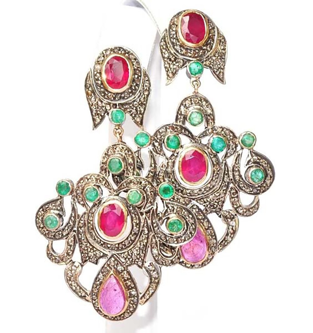 vintage earrings 7.3 Tcw Emerald, Ruby Rose Cut Diamond 925 Sterling Silver art deco jewelry