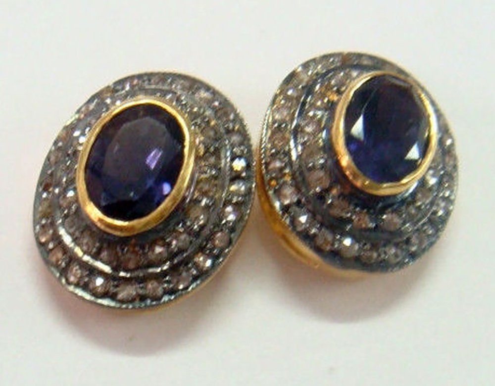 rose cut earrings 2.24 Tcw Blue Sapphire Rose Cut Diamond 925 Sterling Silver antique vintage jewelry