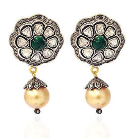 antique earrings 6.5 Tcw Emerald, Pearl Rose Cut Diamond 925 Sterling Silver victorian jewelry
