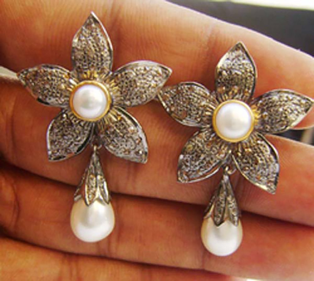 rose cut earrings 4.46 Tcw Pearl Rose Cut Diamond 925 Sterling Silver antique vintage jewelry