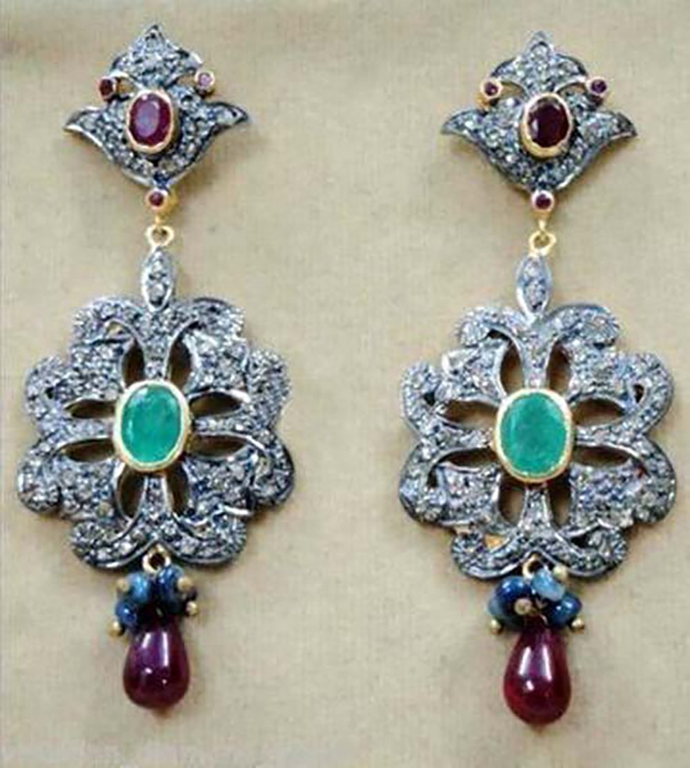 victorian earrings 6.25 Tcw Emerald, Ruby Rose Cut Diamond 925 Sterling Silver vintage jewelry