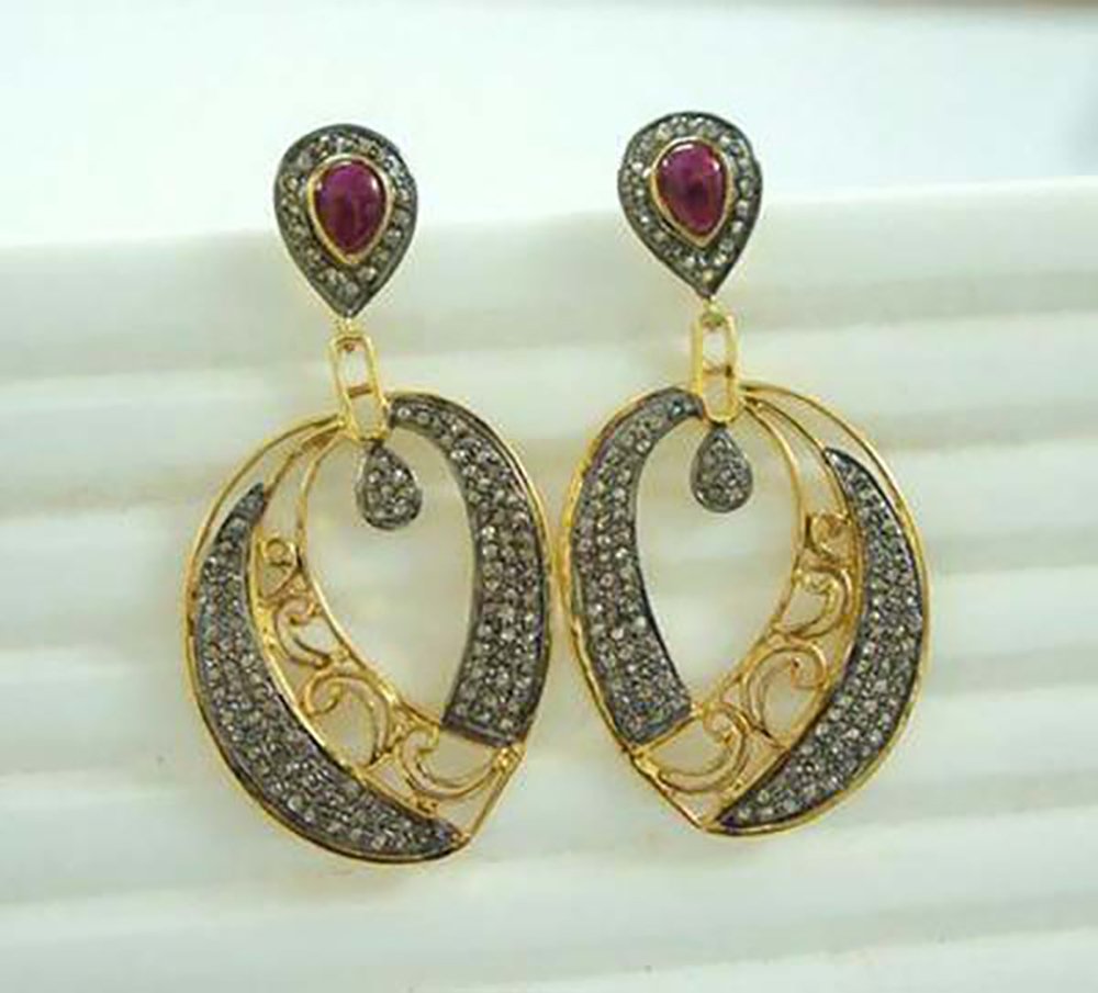 antique earrings 5.6 Tcw ruby Rose Cut Diamond 925 Sterling Silver vintage style jewelry