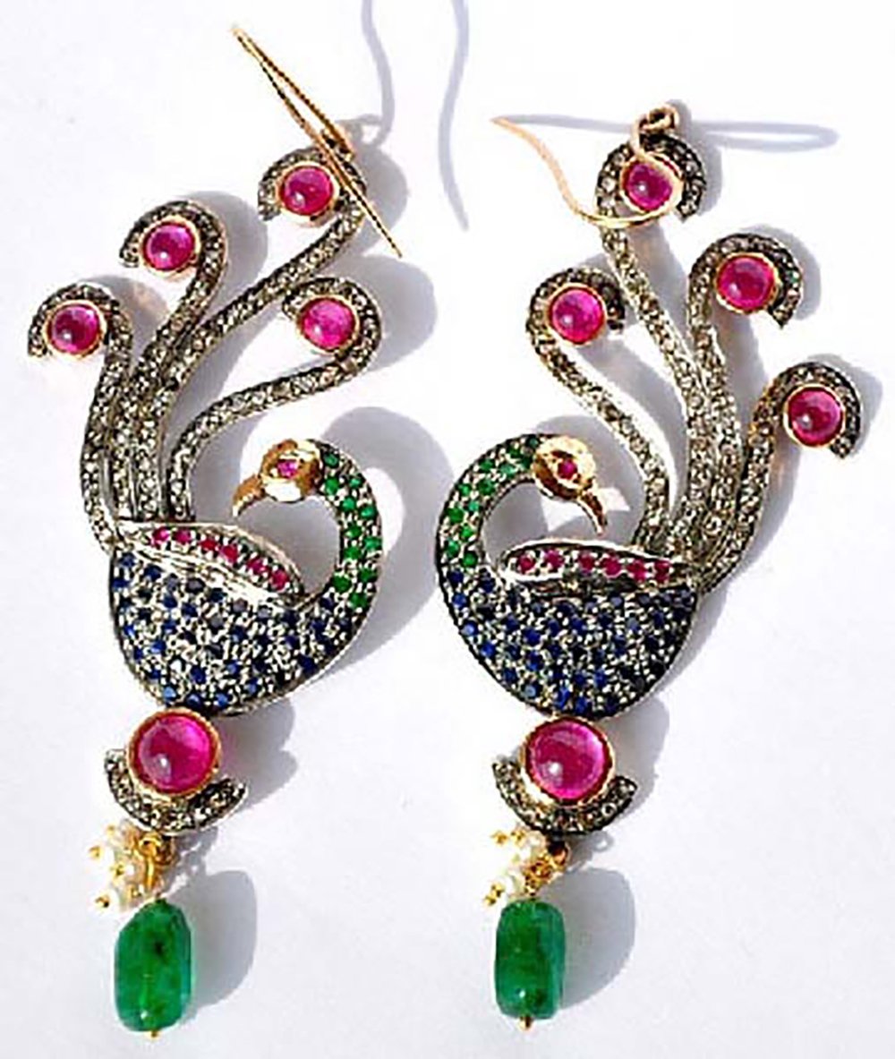 vintage earrings 10 Tcw ruby, emerald, sapphire Rose Cut Diamond 925 Sterling Silver antique jewelry
