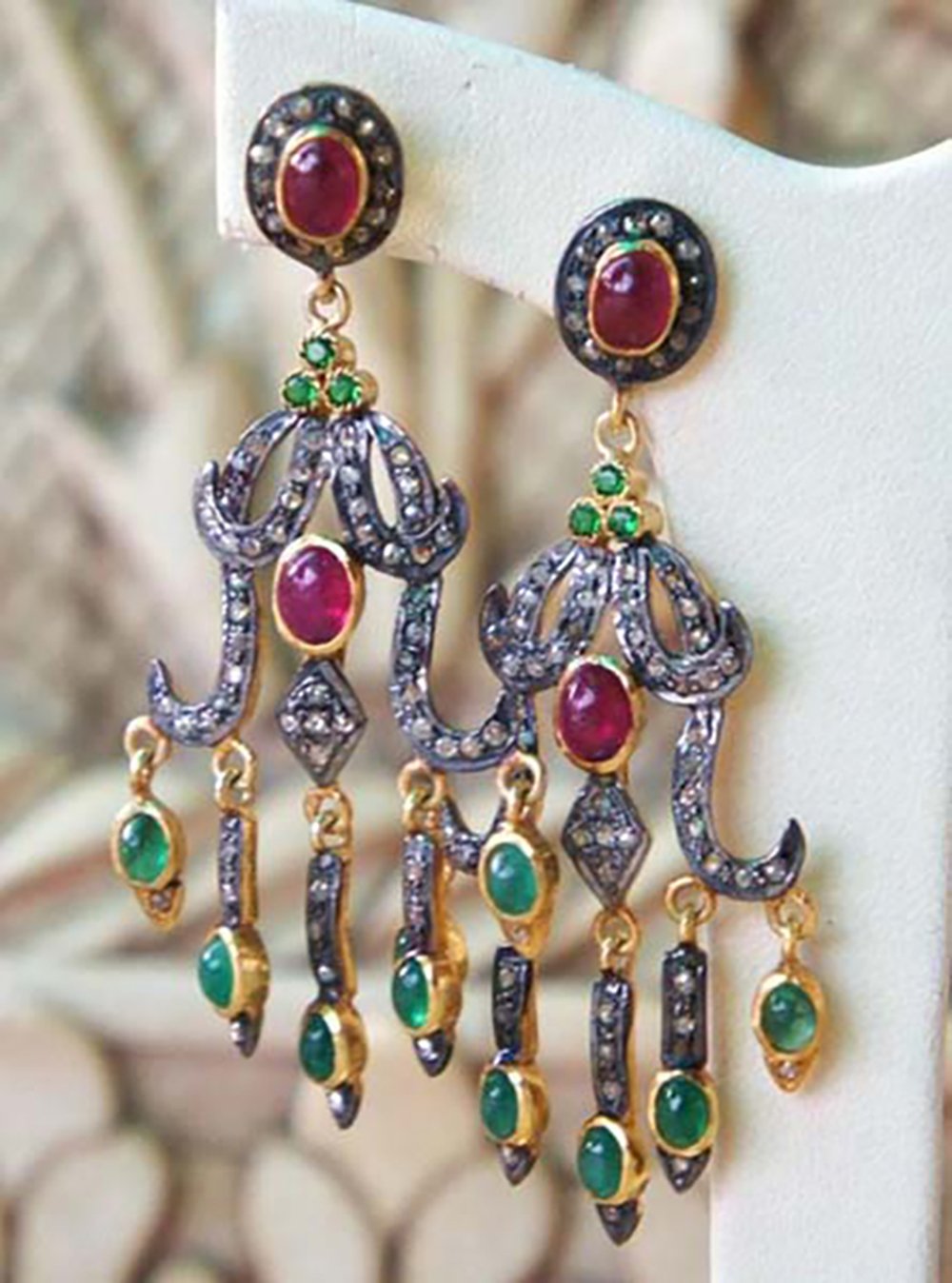 antique earrings 6.56 Tcw Emerald, Ruby Rose Cut Diamond 925 Sterling Silver victorian jewelry