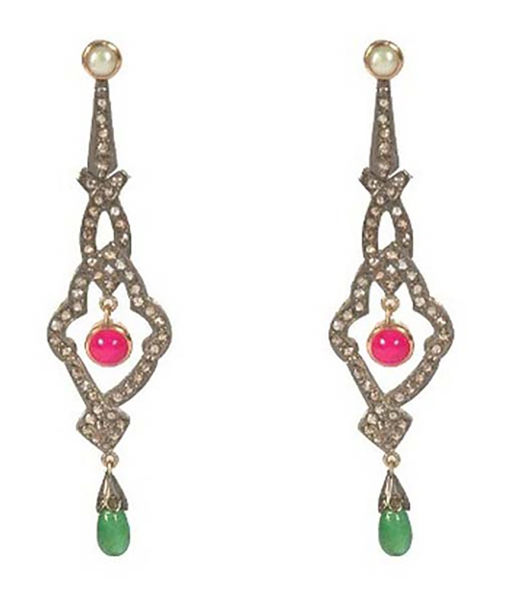 polki earrings 5.4 Tcw emerald, ruby, pearl Rose Cut Diamond 925 Sterling Silver fine antique jewelry