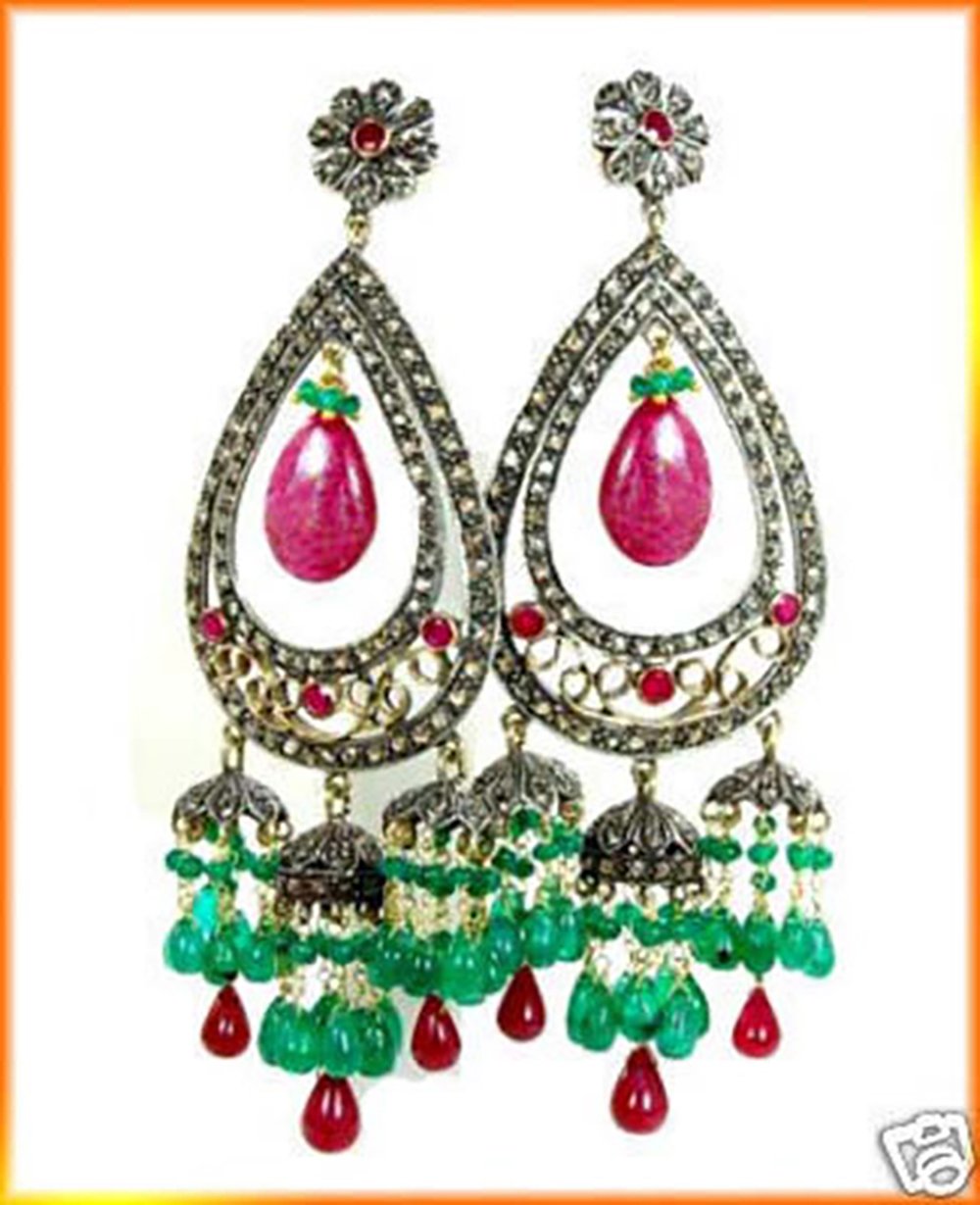 antique earrings 18.35 Tcw Ruby, Emerald Rose Cut Diamond 925 Sterling Silver victorian jewelry