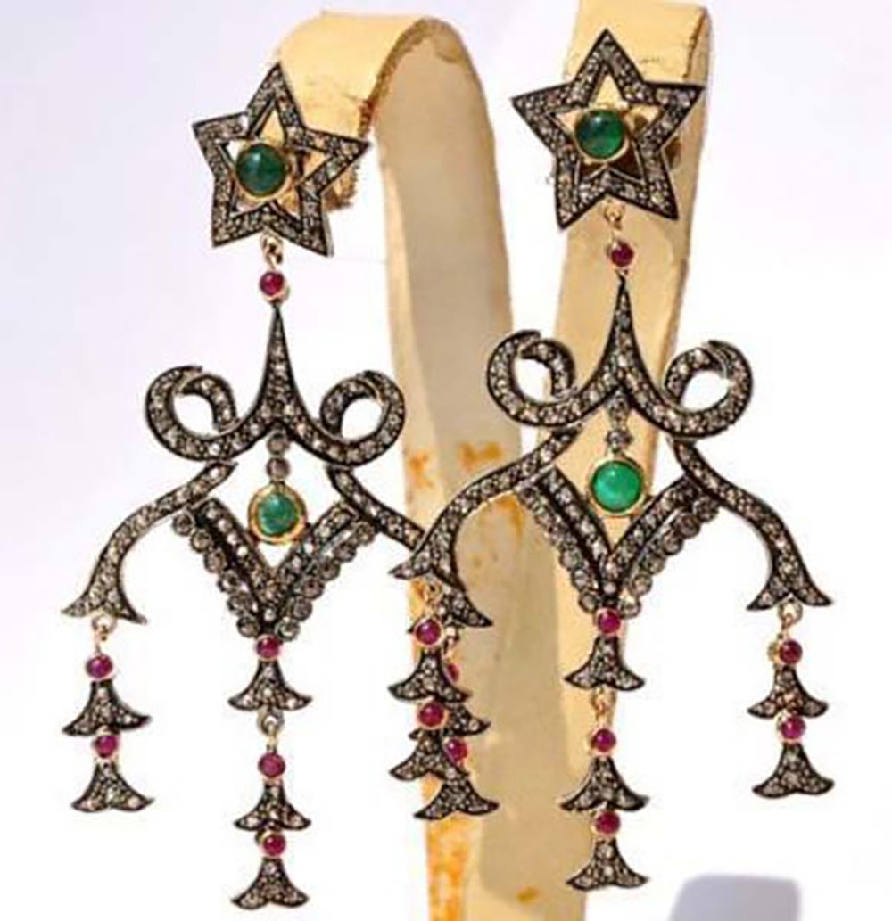 victorian earrings 5 Tcw Ruby, Emerald Rose Cut Diamond 925 Sterling Silver vintage art deco jewelry