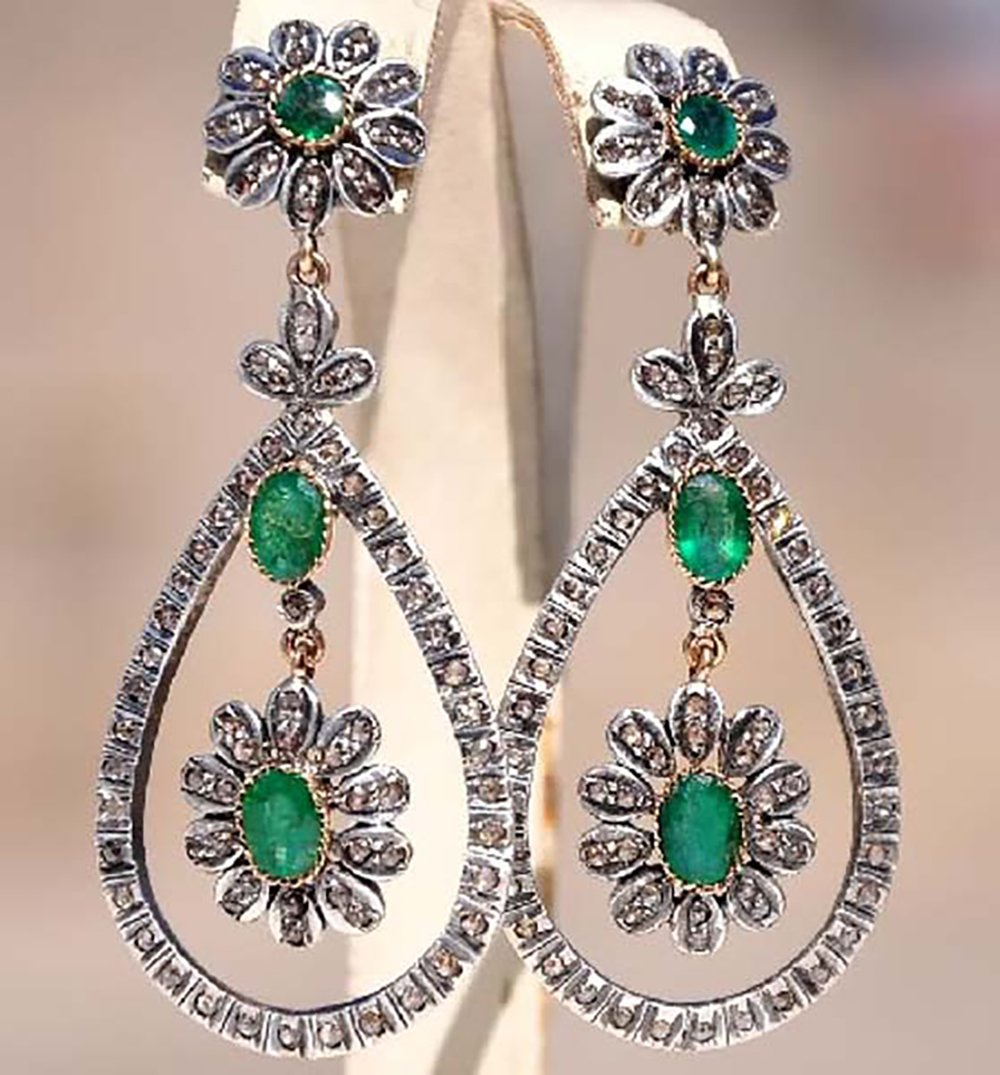 vintage earrings 7.2 Tcw Emerald Rose Cut Diamond 925 Sterling Silver art deco jewelry