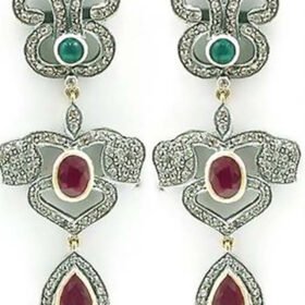 polki earrings 8.25 Tcw Emerald, Ruby Rose Cut Diamond 925 Sterling Silver vintage jewelry
