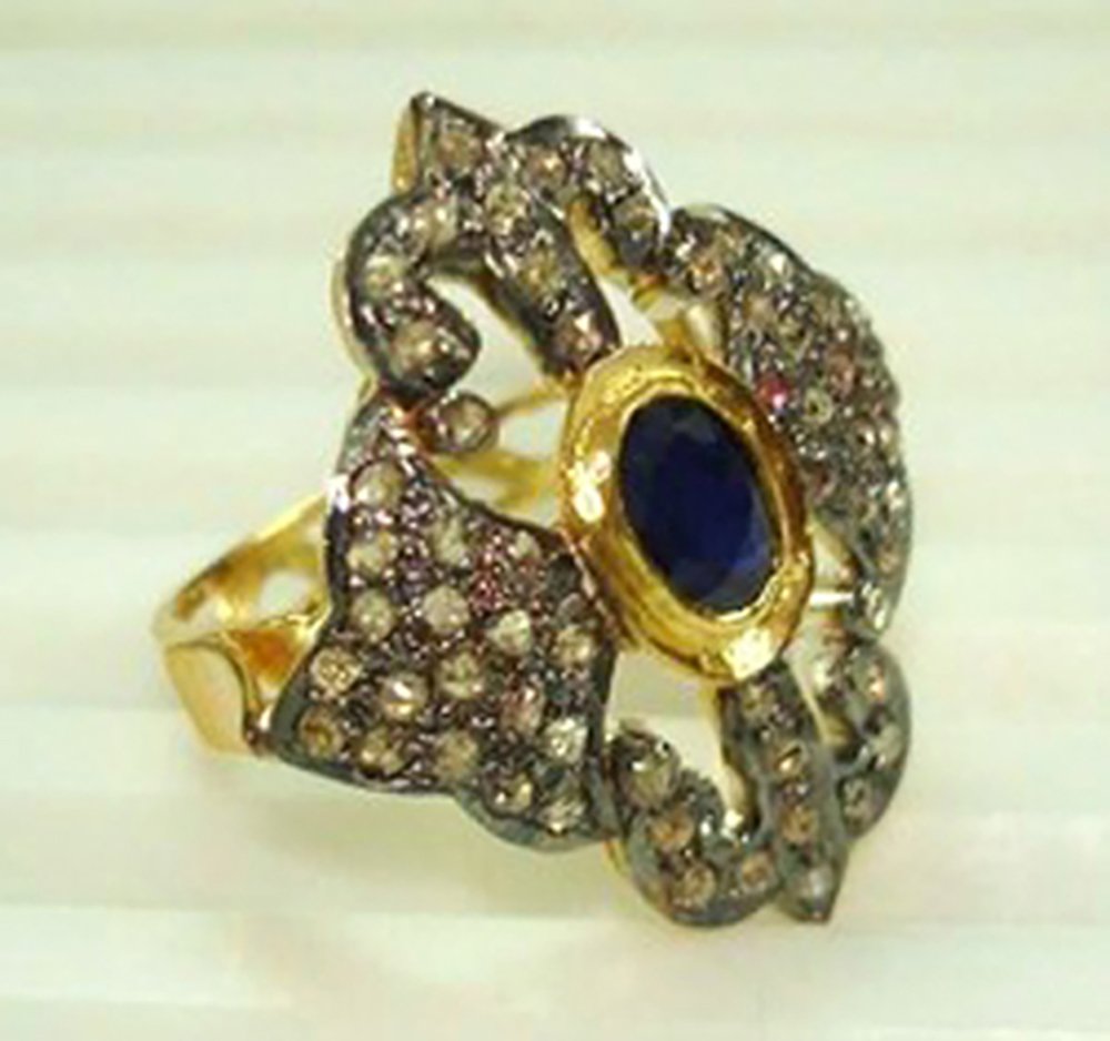 rose cut rings 1.92 Tcw Blue Sapphire Rose Cut Diamond 925 Sterling Silver vintage diamond jewelry