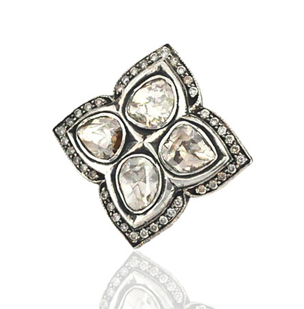 rose cut rings 1.4 Tcw Rose Cut Diamond 925 Sterling Silver fine antique jewelry