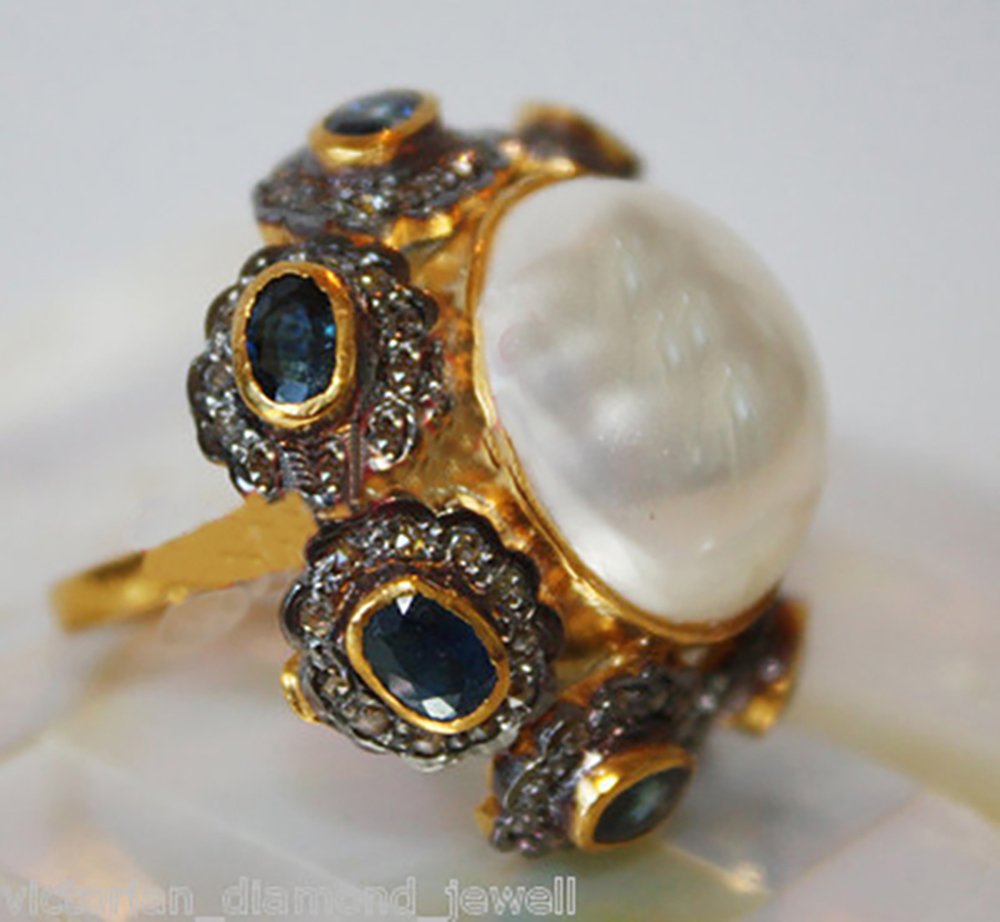 vintage engagement rings 6.9 Tcw Blue Sapphire, Pearl Rose Cut Diamond 925 Sterling Silver vintage jewelry