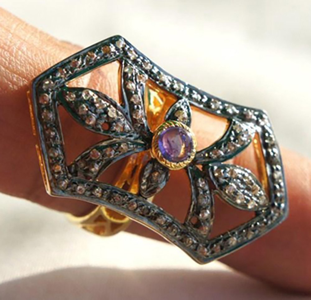 rose cut rings 1.37 Tcw Amethyst Rose Cut Diamond 925 Sterling Silver victorian jewelry