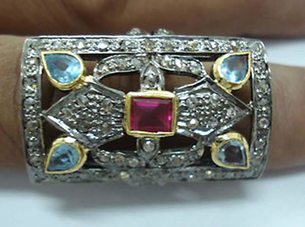 vintage rings 5.15 Tcw ruby, topaz Rose Cut Diamond 925 Sterling Silver fine antique jewelry