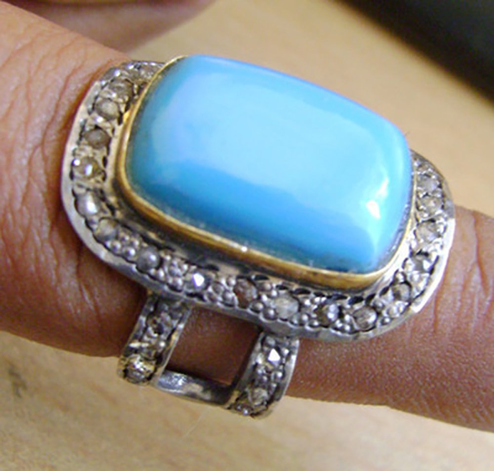 antique rings 7 Tcw Tourquoise Rose Cut Diamond 925 Sterling Silver art deco jewelry