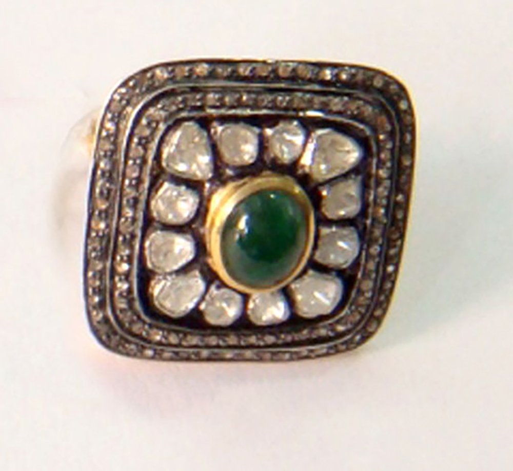 polki rings 3.09 Tcw Emerald Rose Cut Diamond 925 Sterling Silver vintage art deco jewelry