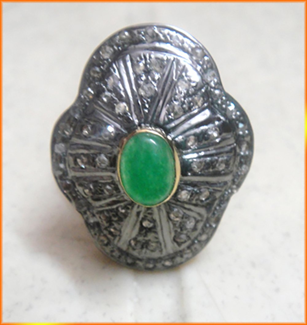 vintage engagement rings 3.05 Tcw Emerald Rose Cut Diamond 925 Sterling Silver antique vintage jewelry