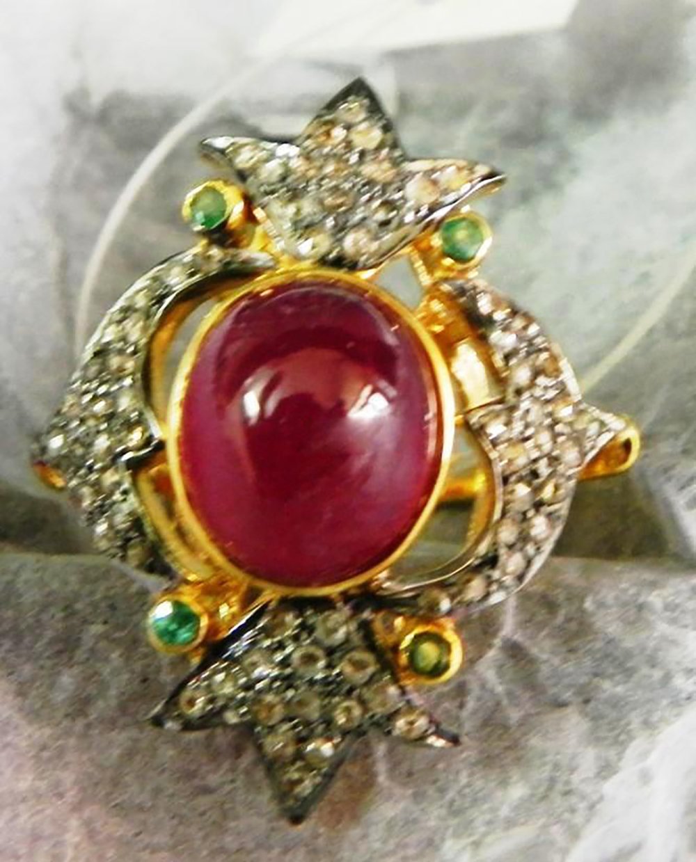vintage engagement rings 4.4 Tcw Emerald, Ruby Rose Cut Diamond 925 Sterling Silver fine antique jewelry