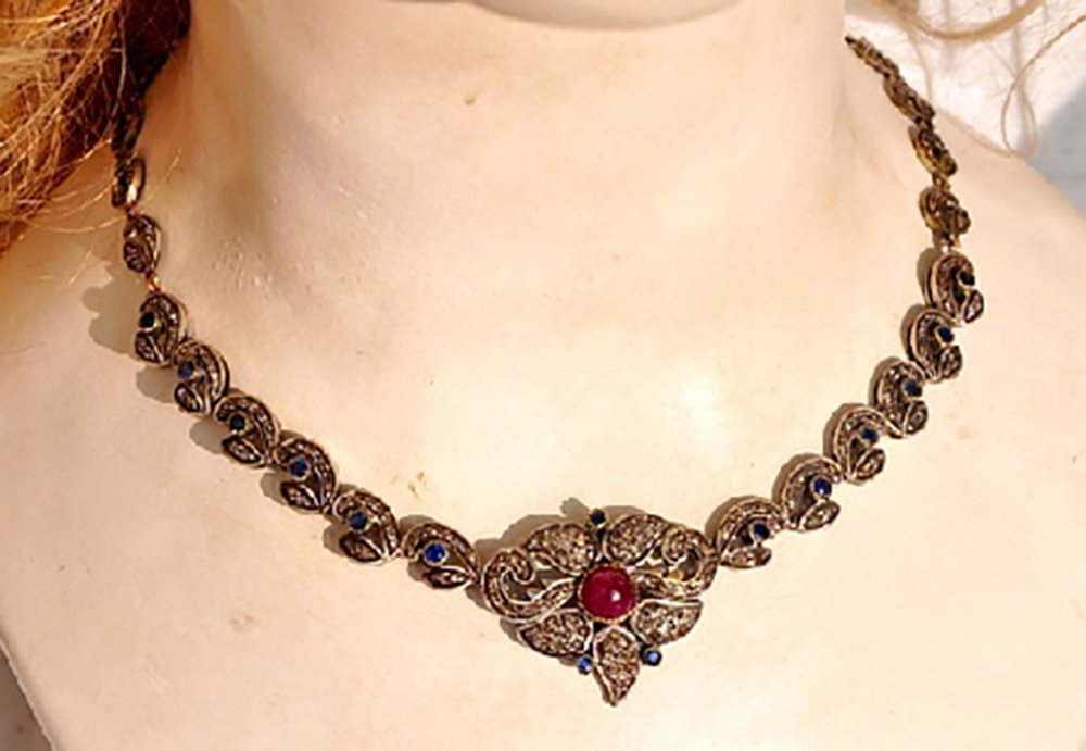 vintage necklaces 8 Tcw Ruby, Sapphire Rose Cut Diamond 925 Sterling Silver art deco jewelry