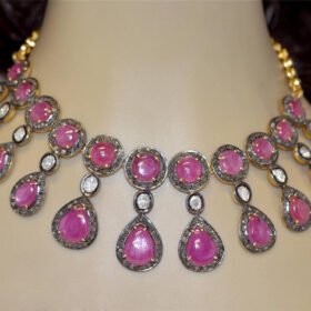 victorian necklace 52.3 Tcw Ruby Rose Cut Diamond 925 Sterling Silver fine antique jewelry