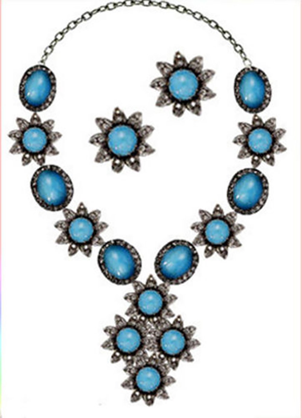 rose cut diamond necklace 39.6 Tcw Tourquise Rose Cut Diamond 925 Sterling Silver vintage diamond jewelry