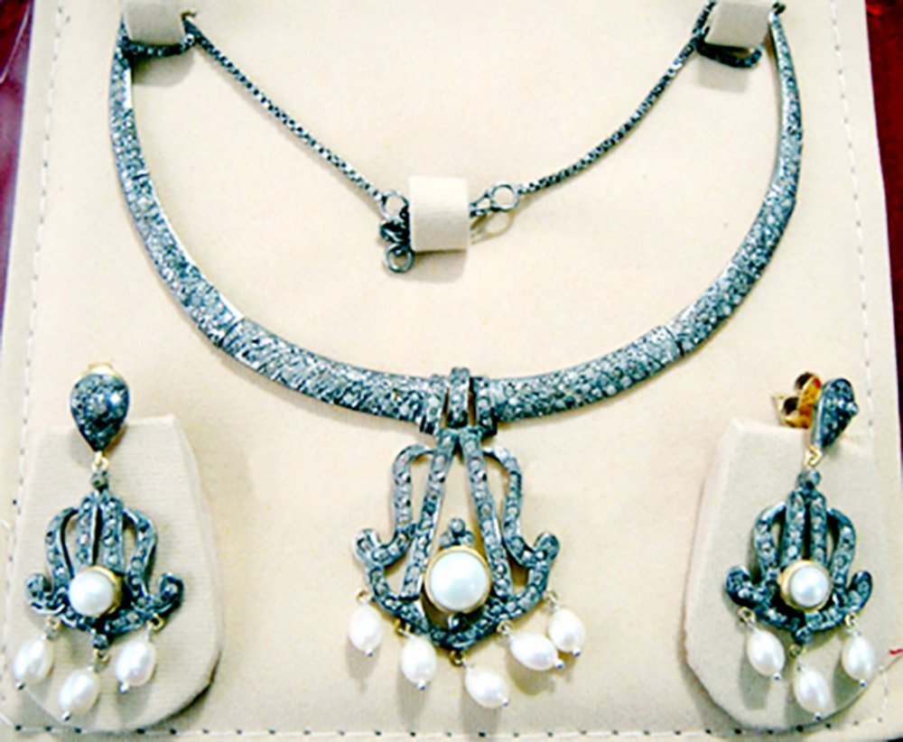 victorian necklace 21.85 Tcw Pearl Rose Cut Diamond 925 Sterling Silver vintage jewelry