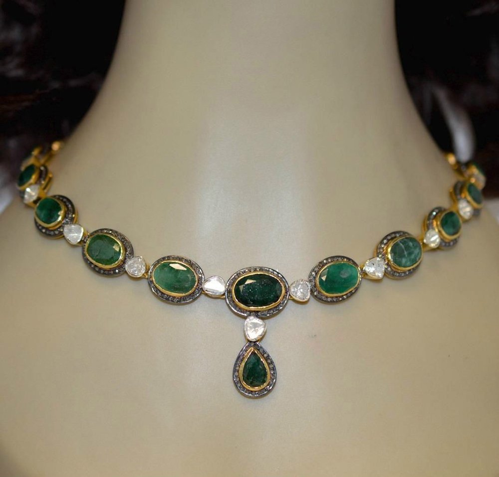 vintage necklaces 25.5 Tcw Emerlad Rose Cut Diamond 925 Sterling Silver art deco jewelry