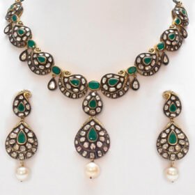 vintage necklaces 39.1 Tcw Emerald, Pearl Rose Cut Diamond 925 Sterling Silver art deco jewelry