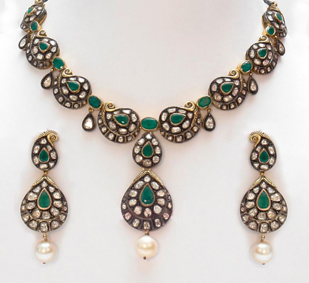 vintage necklaces 39.1 Tcw Emerald, Pearl Rose Cut Diamond 925 Sterling Silver art deco jewelry