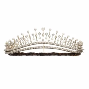 bridal tiara 41 Carat Round Brilliant Diamond & Pearl 45.69 Gms 14K Gold