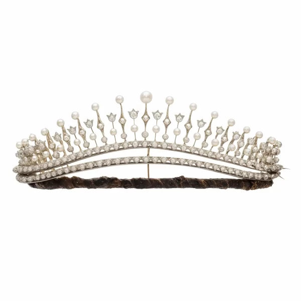 bridal tiara 41 Carat Round Brilliant Diamond & Pearl 45.69 Gms 14K Gold