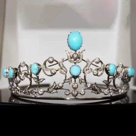 Victorian Crown 18.81 Carat Rose Cut Diamond & Turquoise 38.3 Gms 925 Sterling Silver
