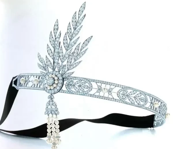 Floral 51.3 Carat Diamond Pearl 48.735Gms 14Kt White Gold Bridal Headband