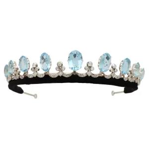 Stunning 63 Carat Diamond Blue Topaz 37.8Gms 14Kt White Gold Queen Headband