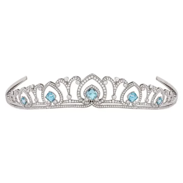 Charming 42.25 Carat Diamond Blue Topaz 63.375 Gms 14Kt White Gold Wedding Tiara